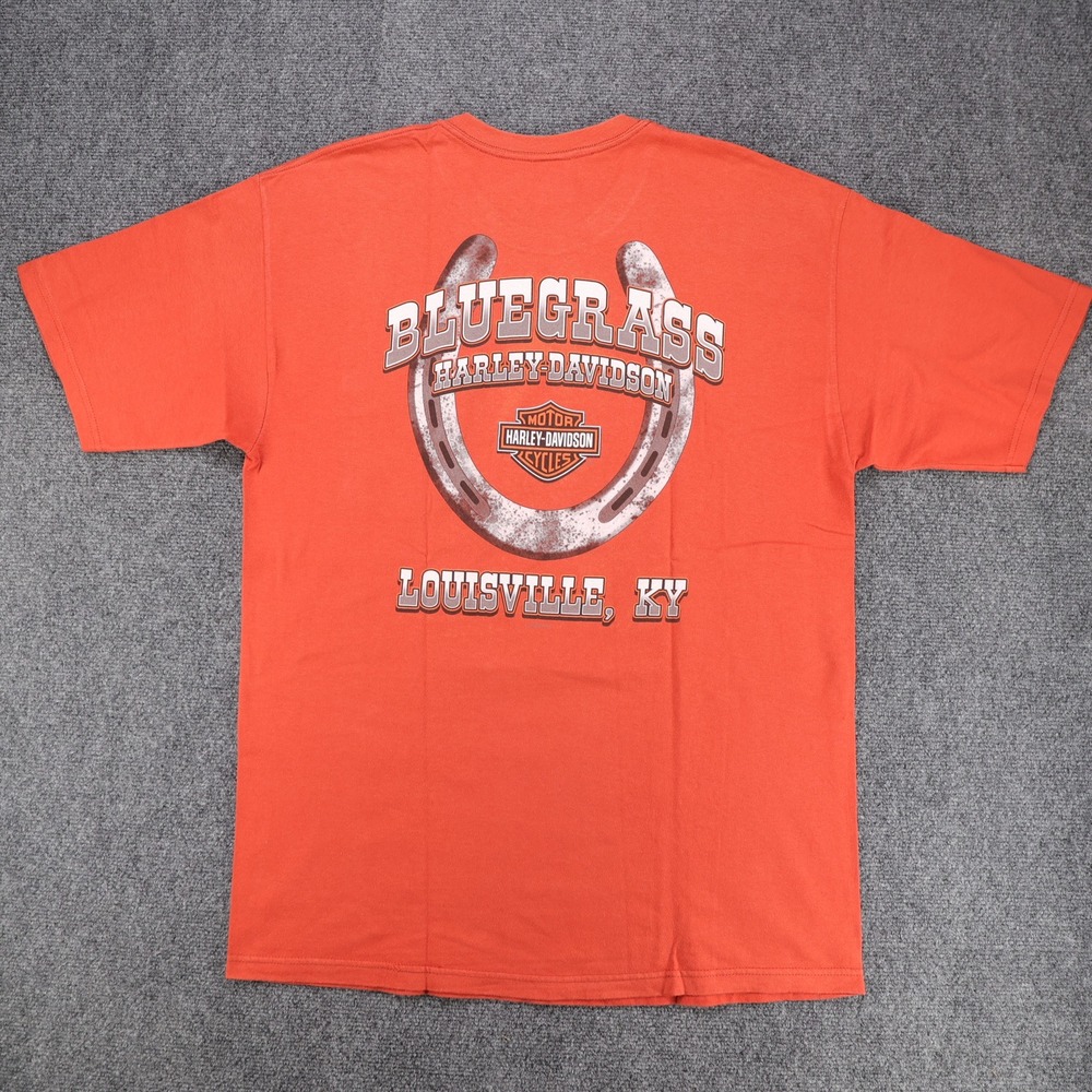 Vintage Harley Davidson Mens Bluegrass Louisville KY Pocket T-Shirt Orange L USA
